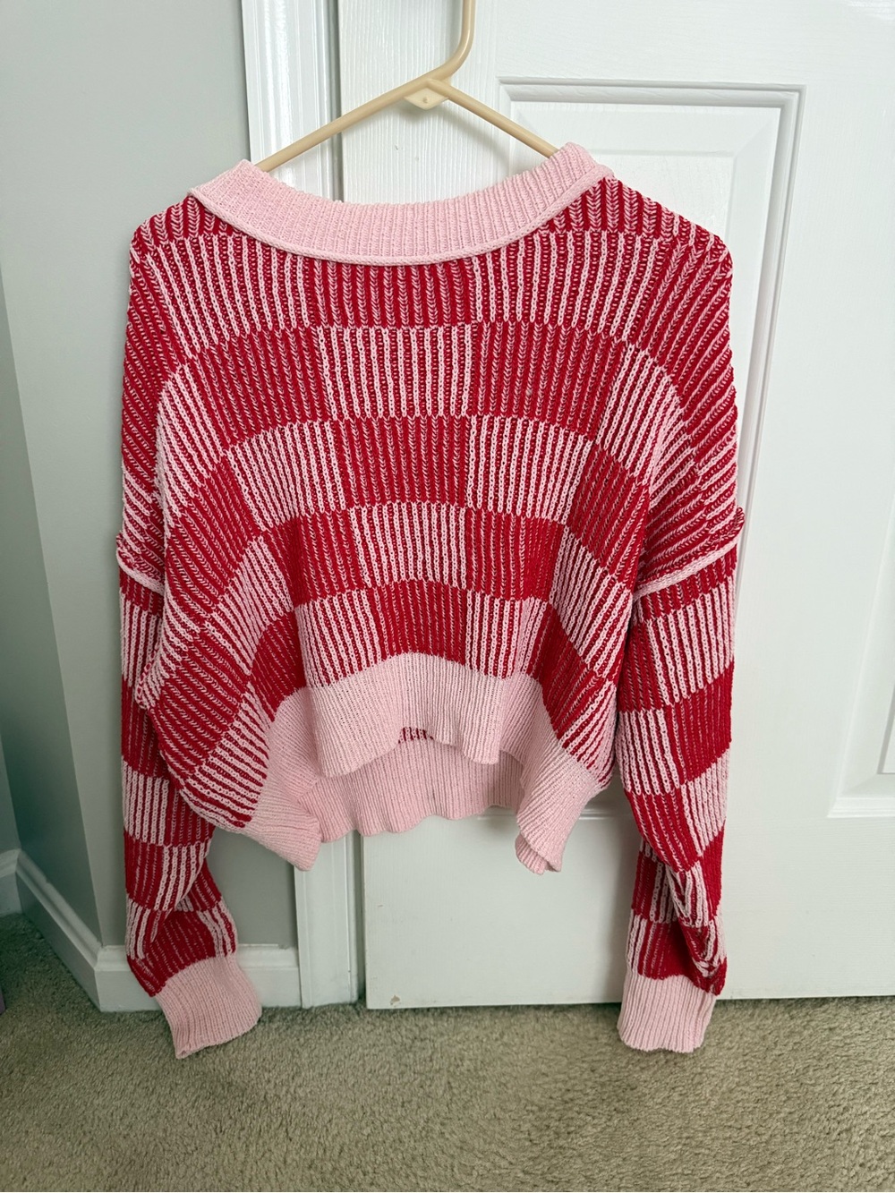 Pink & Red Striped Cropped Knit Sweater - Women's Cozy Pullover
